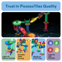 PicassoTiles BPA-free magnetic tiles enable safe hands-on construction with marbles.