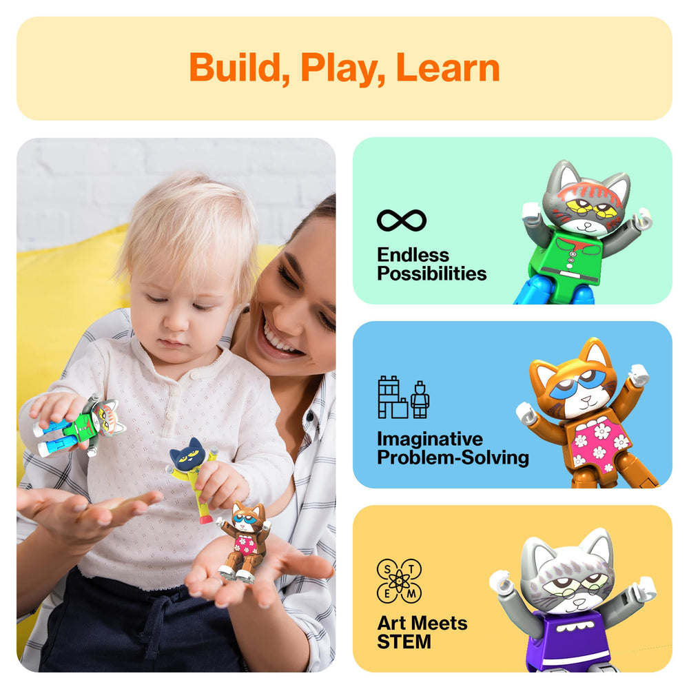 PicassoTiles Pete the Cat figures with brick-compatible feet connect easily to existing blocks.