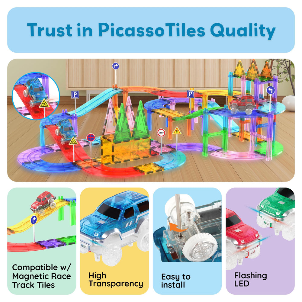 PicassoTiles bright LED cars add visual excitement during play