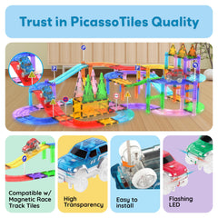 PicassoTiles bright LED cars add visual excitement during play