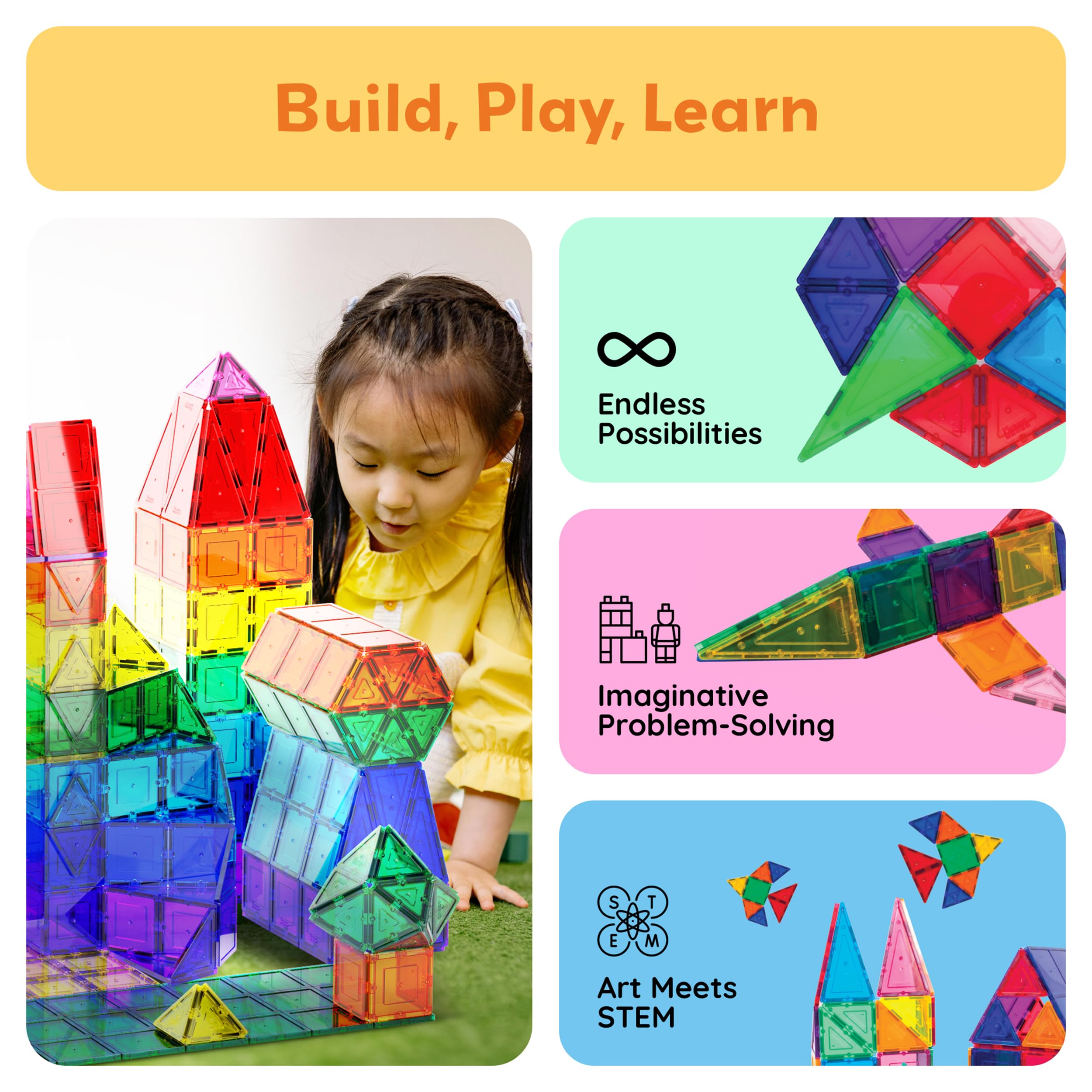 PicassoTiles clear magnetic tiles for vivid 3D shapes and imaginative building