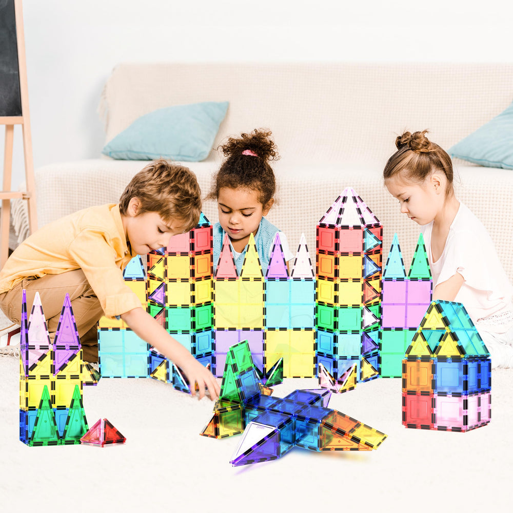 PicassoTiles clear magnetic tiles close-up highlighting easy connections for kids.