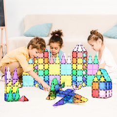 PicassoTiles clear magnetic tiles close-up highlighting easy connections for kids.