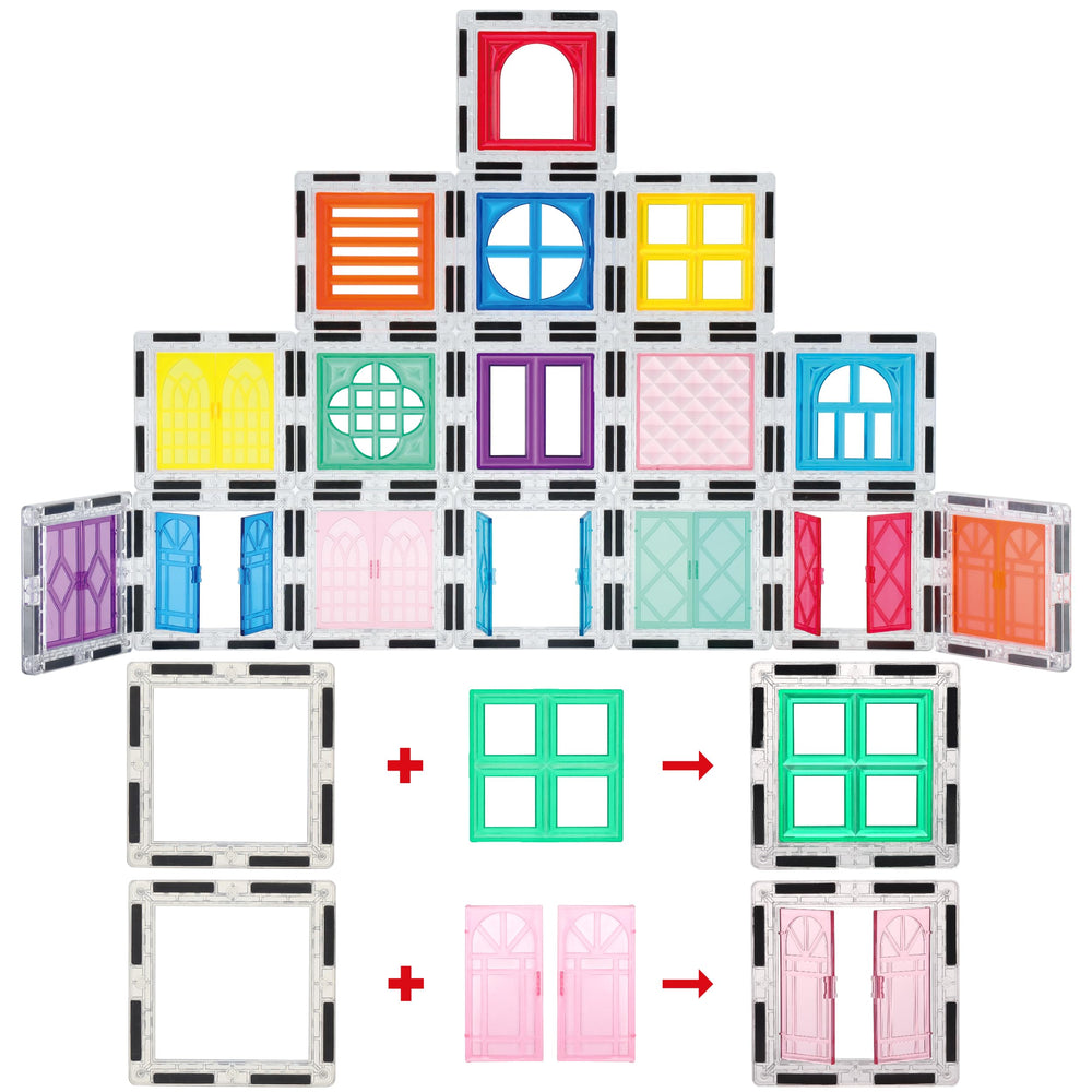 PicassoTiles clip-in window insert adds operable openings for imaginative play.