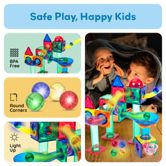 PicassoTiles colorful marbles brighten nighttime play, encouraging exploration and problem solving.