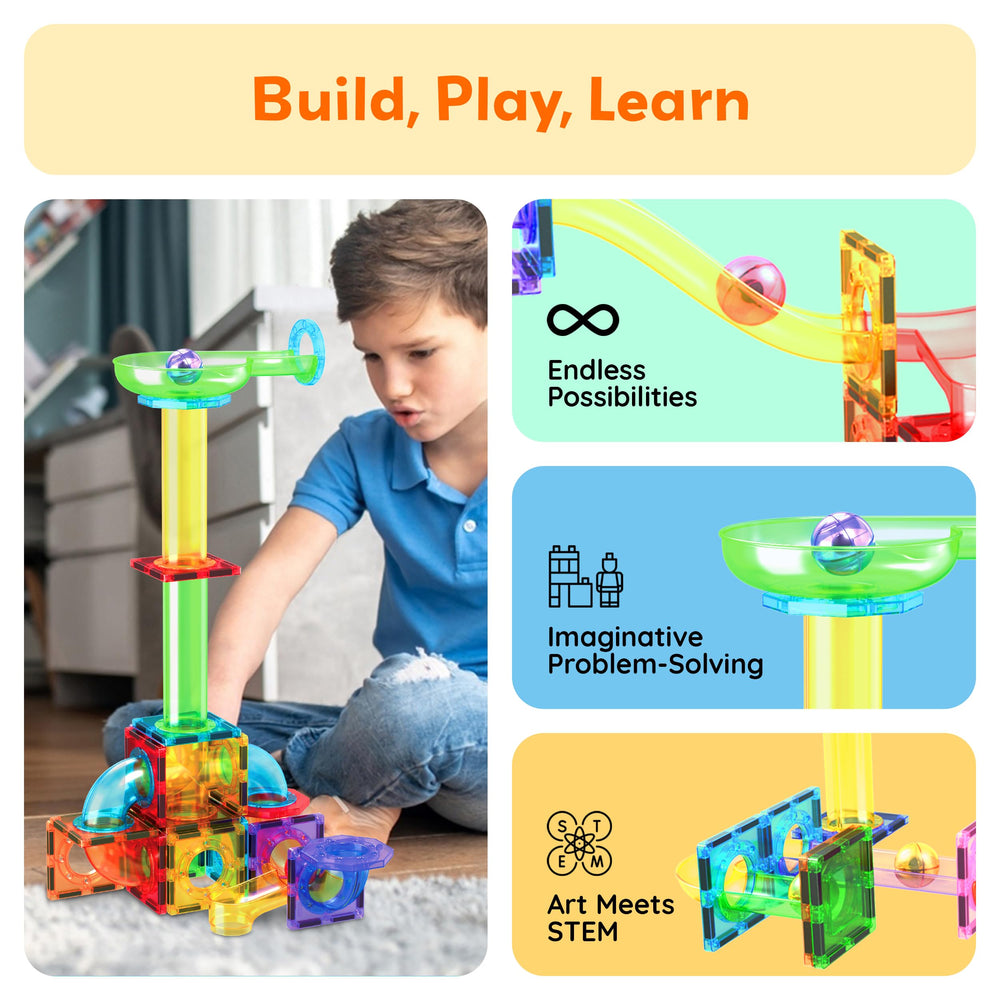 PicassoTiles track-ready set inspires problem solving and spatial awareness.