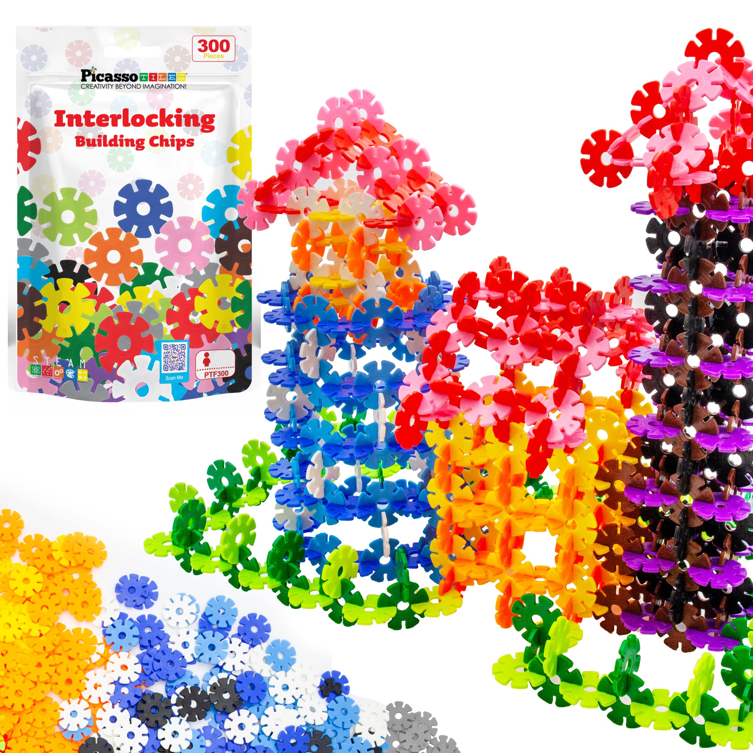 PicassoTiles construction chips enable imaginative building with interlocking discs for creative STEM play.