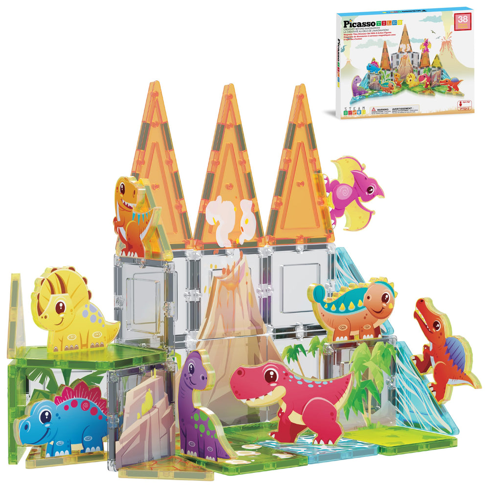 PicassoTiles 38-piece dinosaur tiles for imaginative building and STEM exploration.