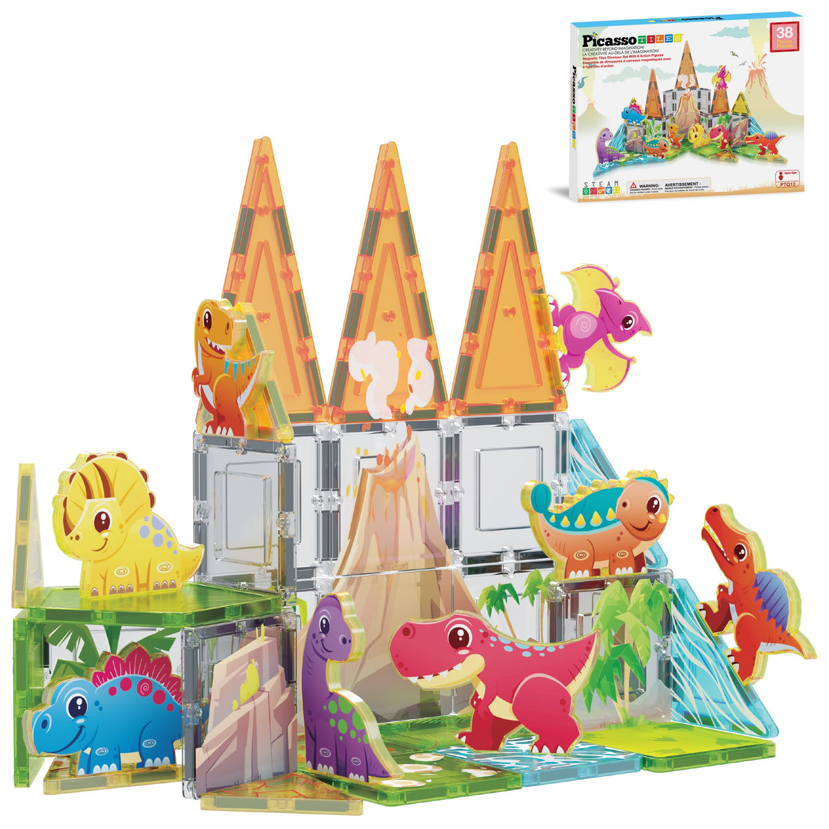 PicassoTiles 38-piece dinosaur tiles for imaginative building and STEM exploration.