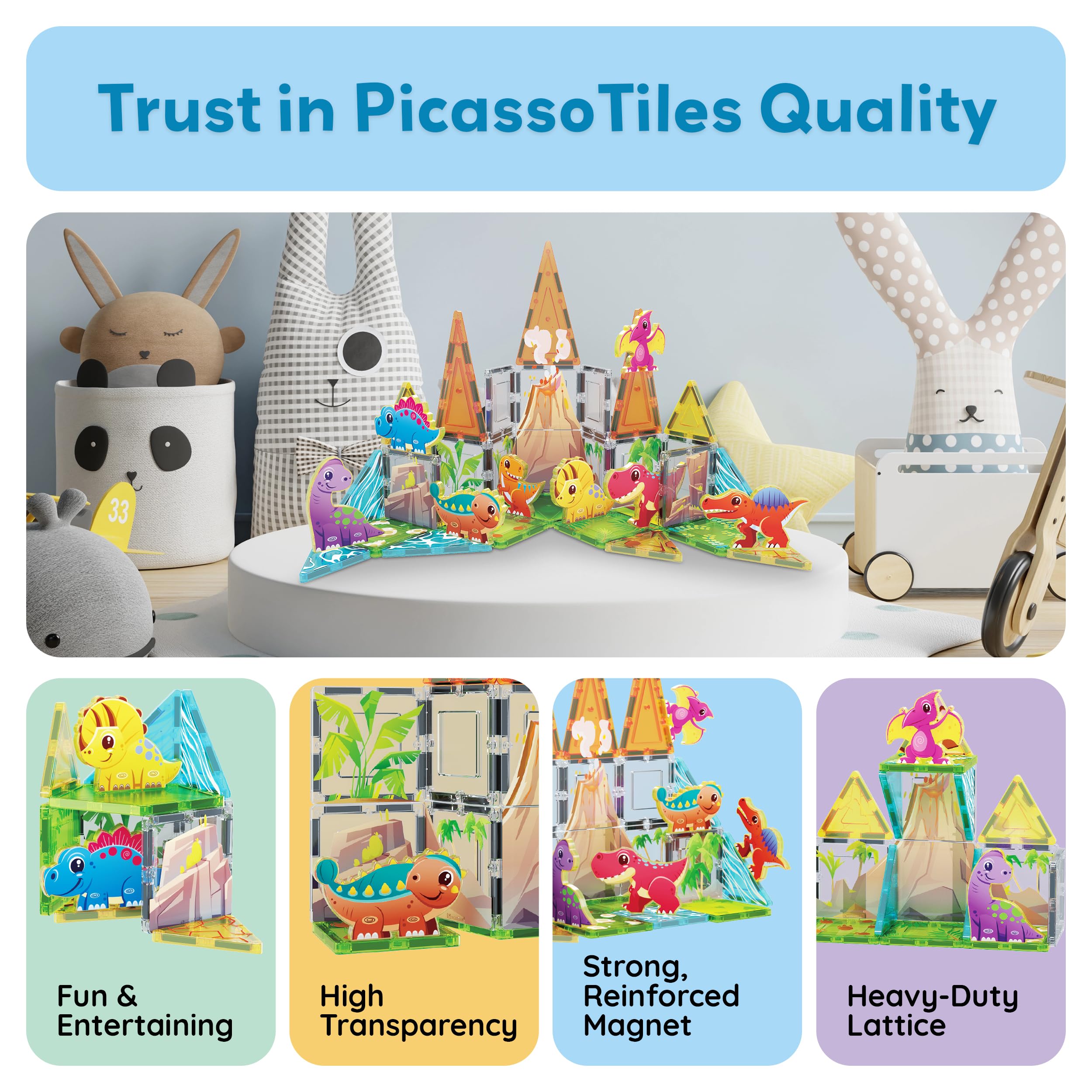 Kids build a dinosaur world with PicassoTiles magnetic tiles.