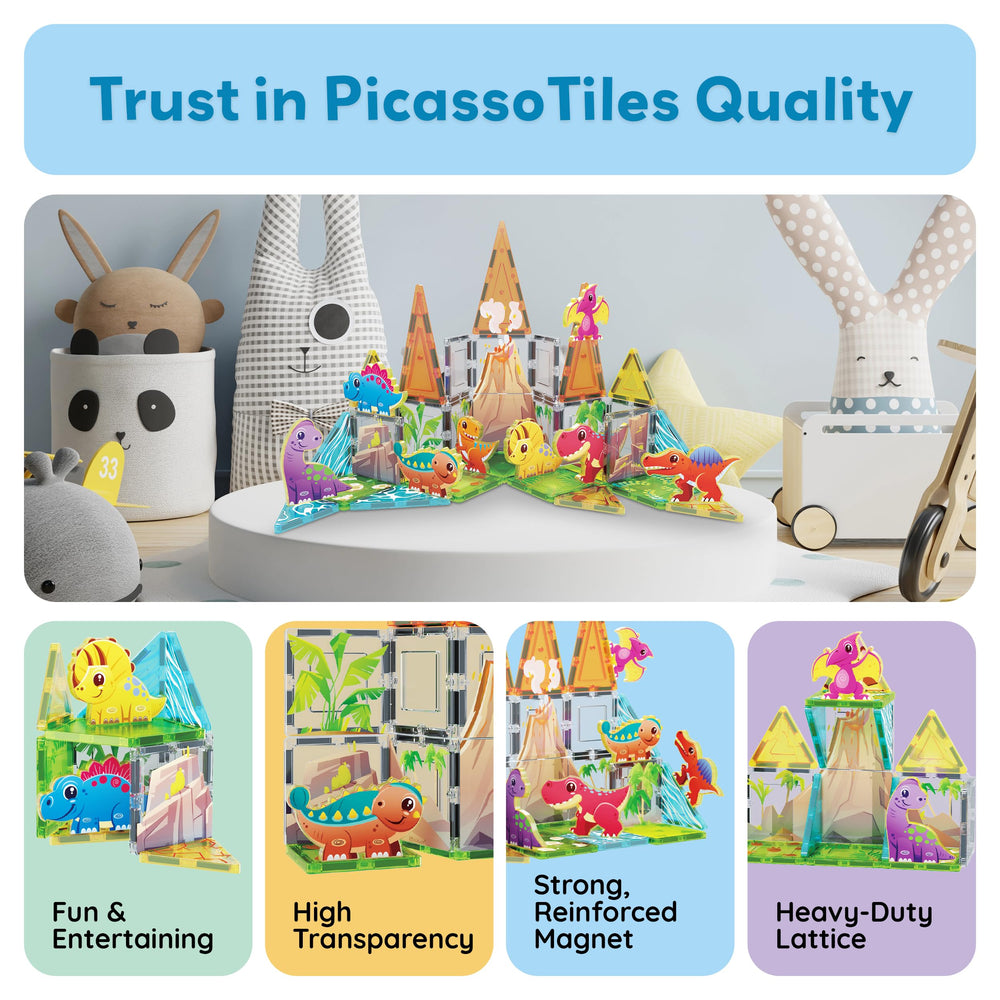 Kids build a dinosaur world with PicassoTiles magnetic tiles.