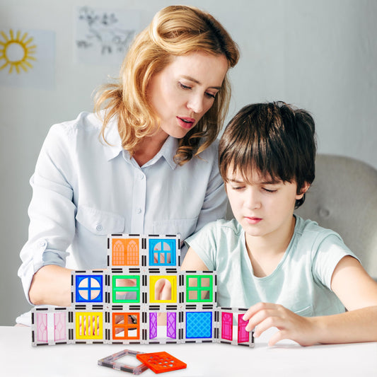 PicassoTiles door clip-on tiles enable opening doors for interactive storytelling and play.