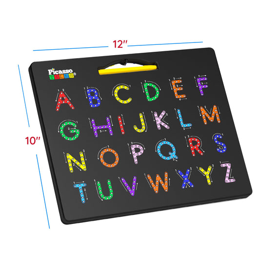 PicassoTiles double-sided learning pad shows uppercase and lowercase tracing for literacy practice.