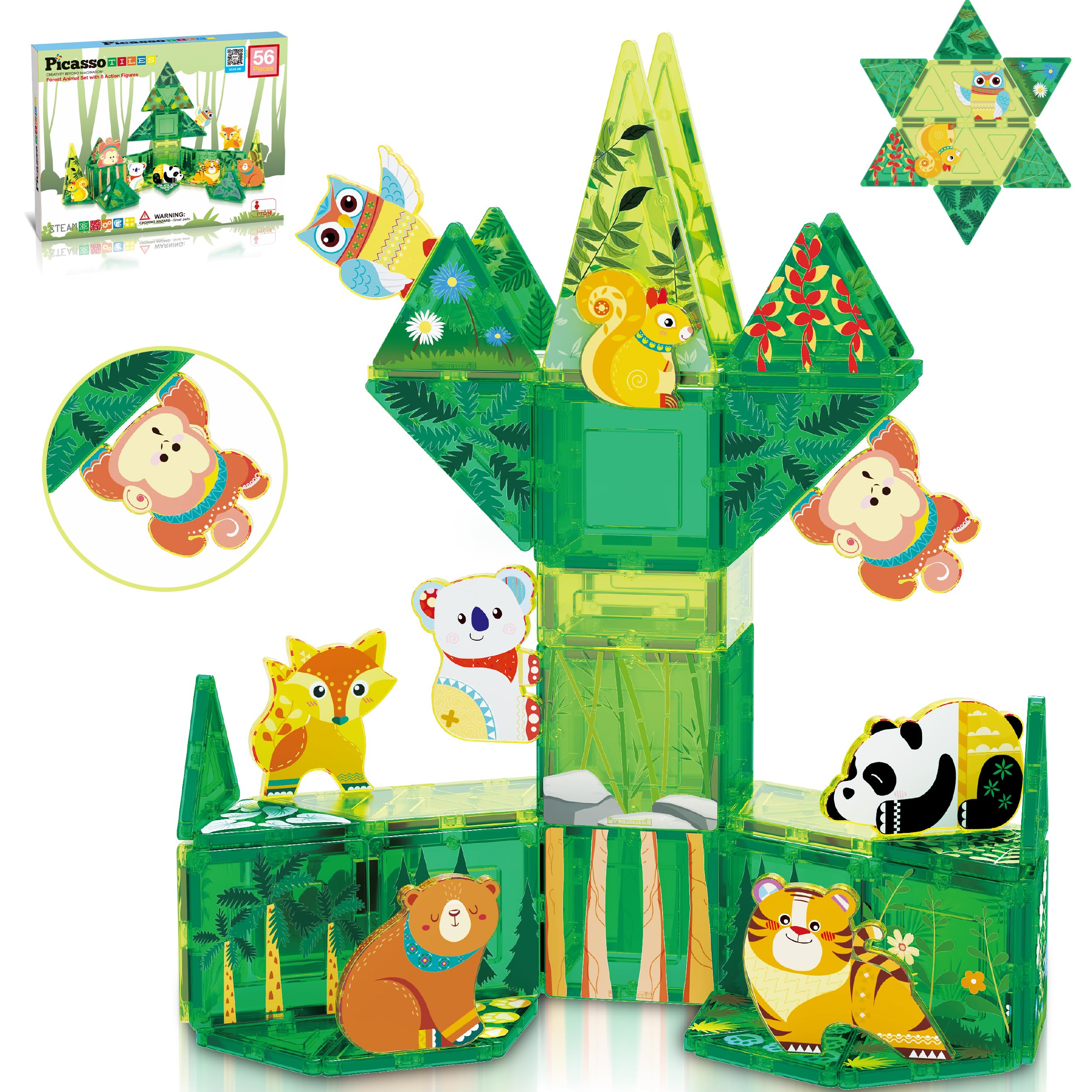 PicassoTiles forest tiles: magnetic pieces for creative building and storytelling