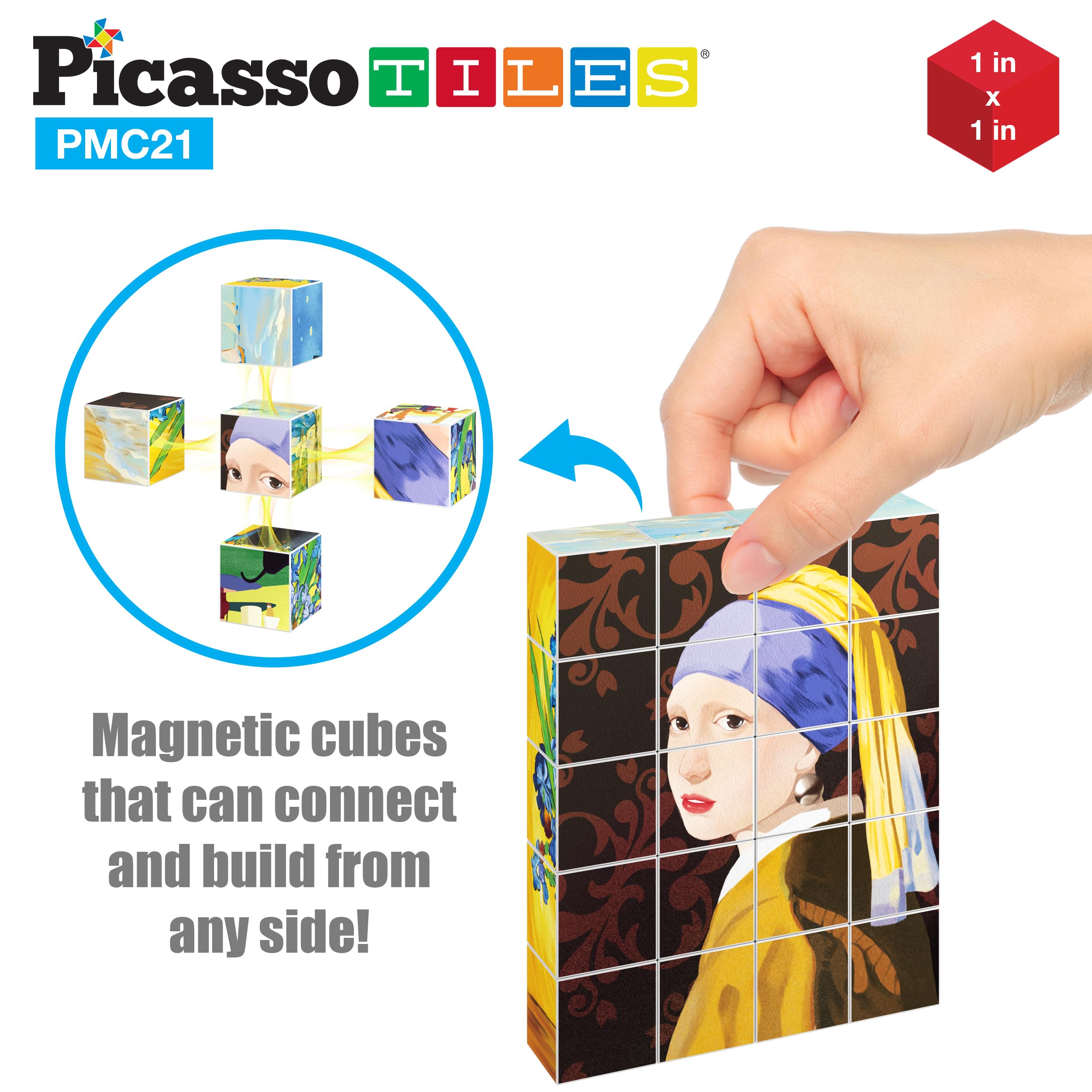 PicassoTiles Girl with a Pearl Earring puzzle cubes invite discussion and manual engagement.