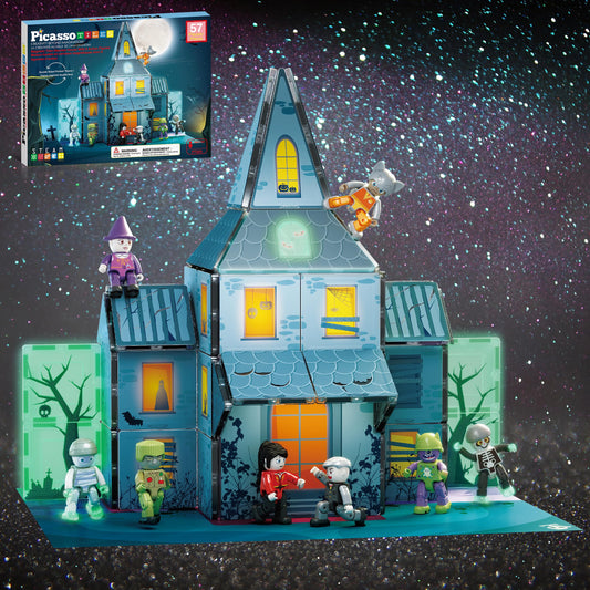 PicassoTiles haunted house tiles showing eerie doors and bricks for imaginative storytelling.