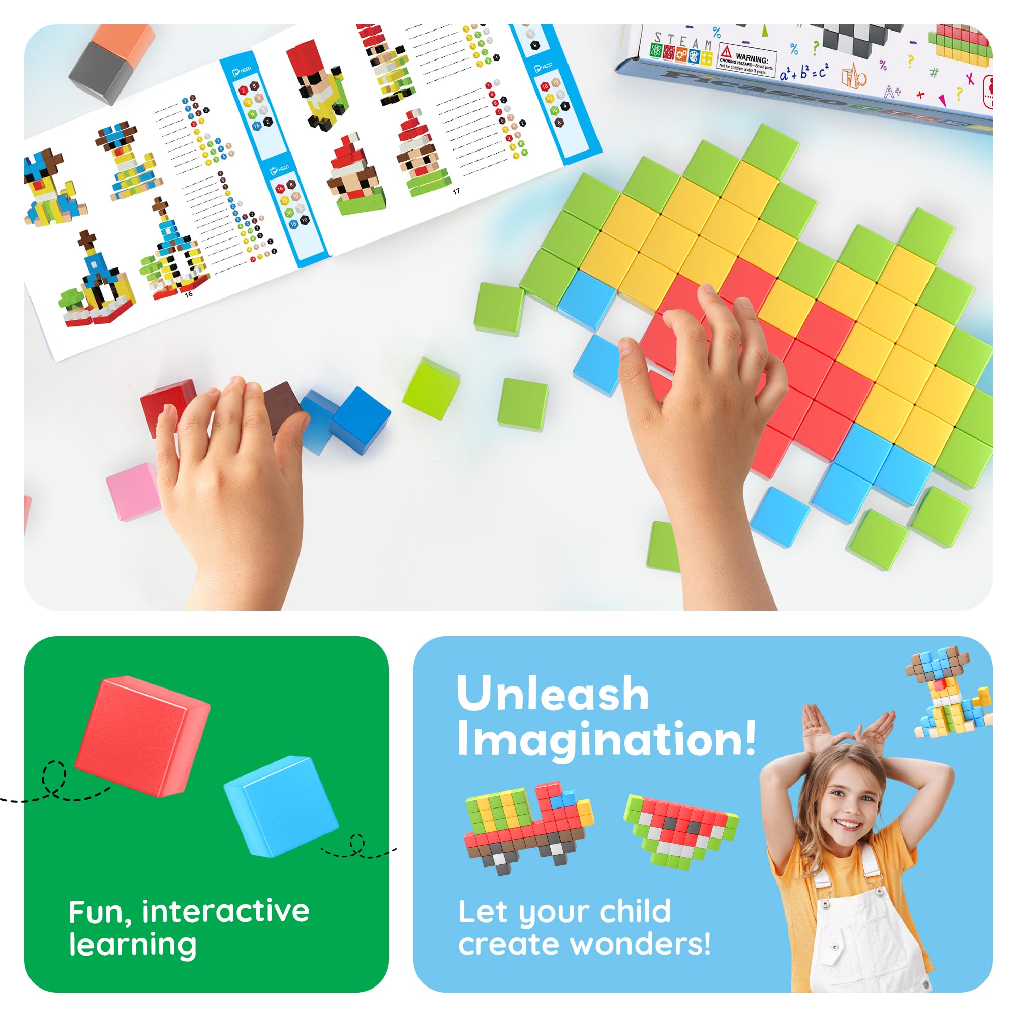 PicassoTiles ideabook with 50+ designs inspires quick, varied builds.
