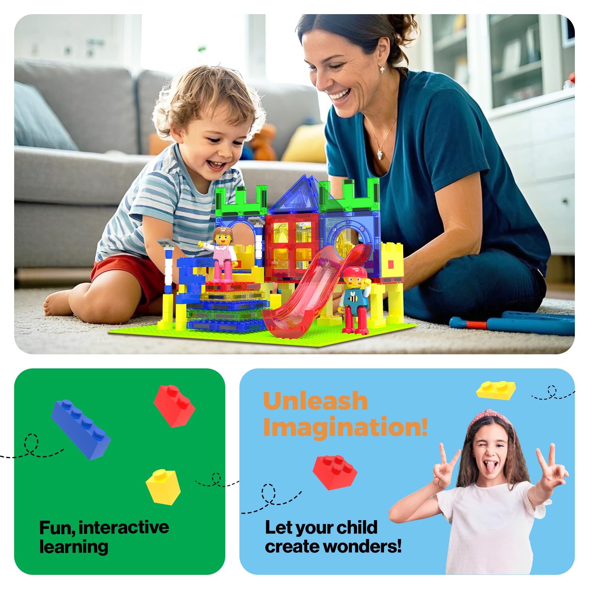 PicassoTiles interlocking bricks connect securely for larger creations.