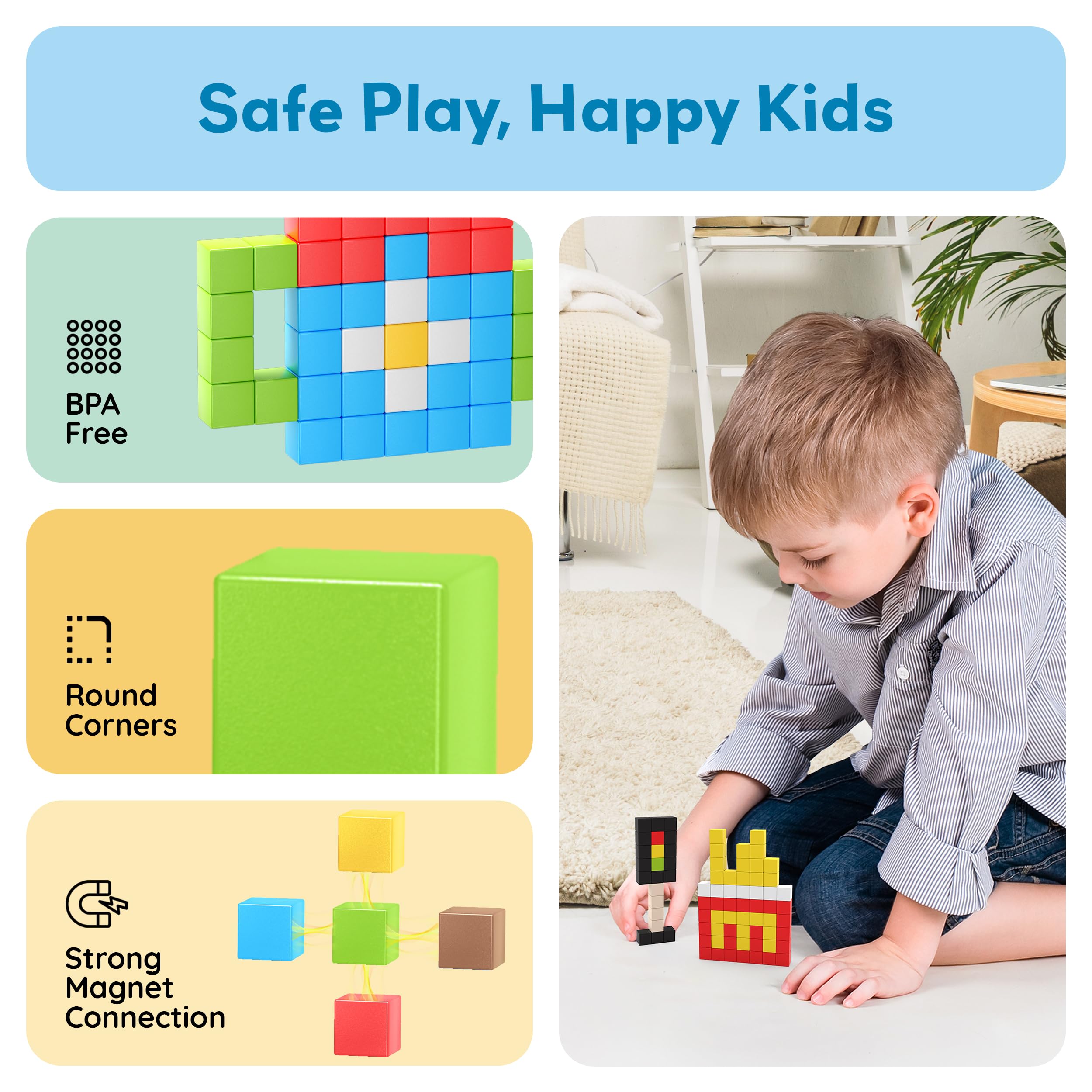 PicassoTiles kids assembling magnetic cubes promotes imaginative play and problem solving.
