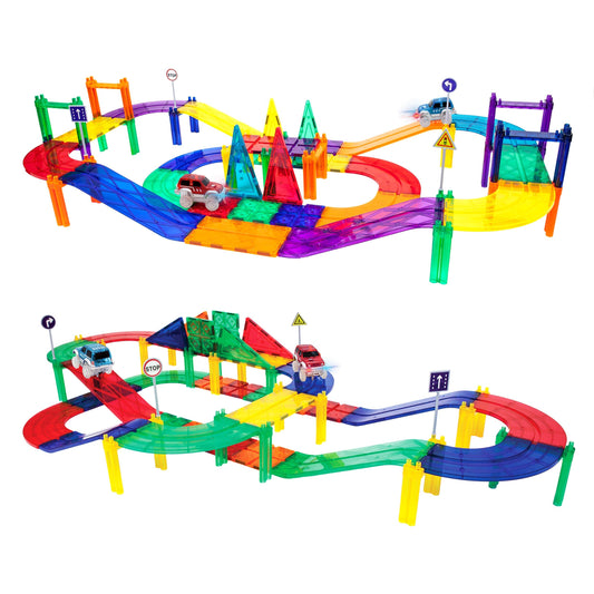 PicassoTiles LED light-up car front view enhances racing action.