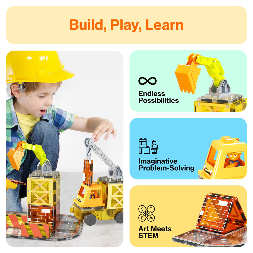 PicassoTiles magnet tile ladder truck invites stacking and reach-rich play experiments.