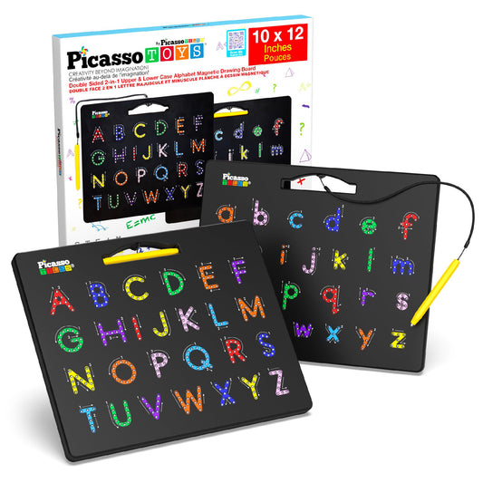 PicassoTiles Magnetic Alphabet Board top view highlights a portable, mess-free learning surface.