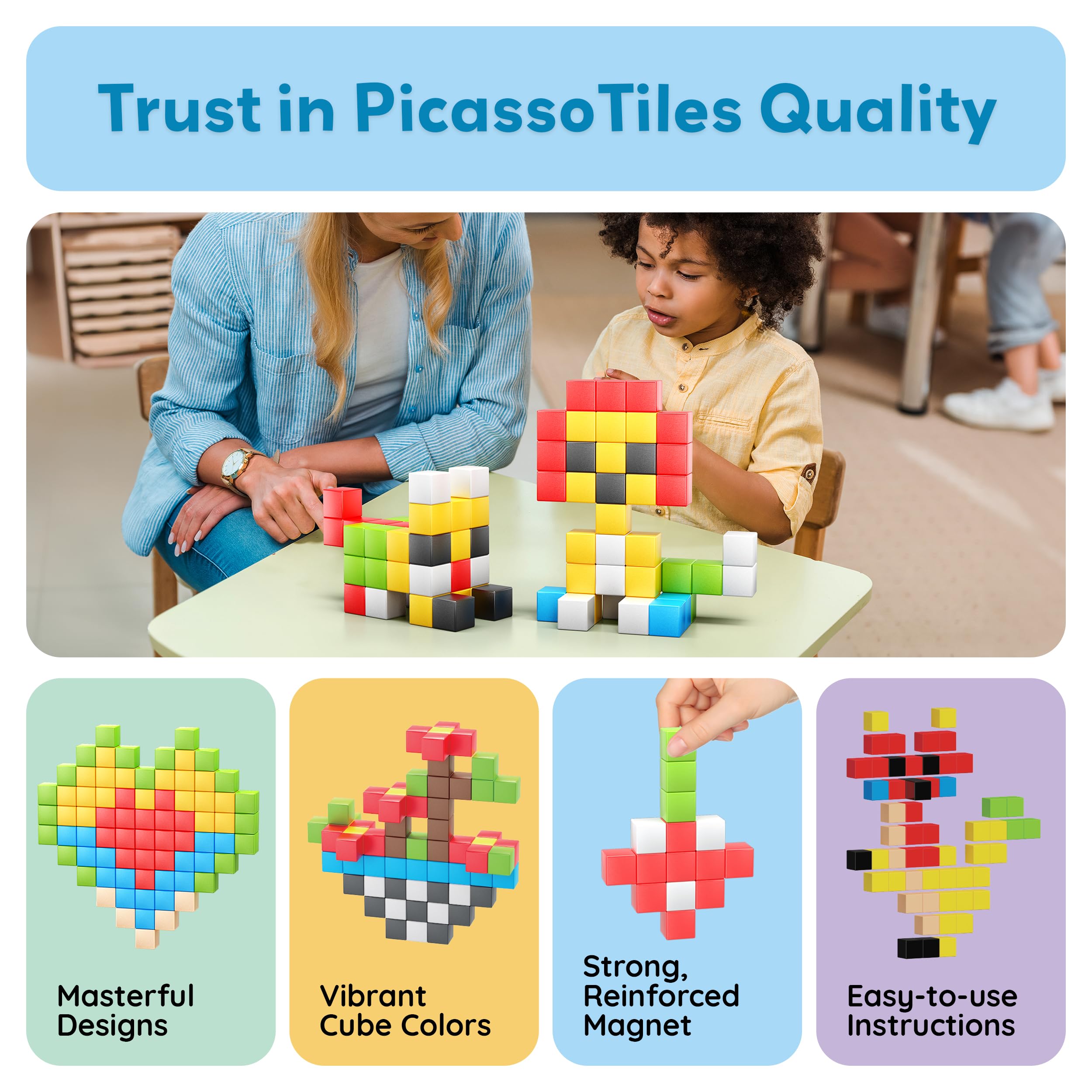 PicassoTiles magnetic blocks enable teamwork during classroom or family builds