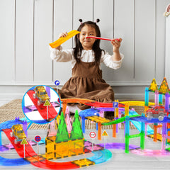 Close-up of PicassoTiles magnetic ramps showing secure connections for creative layouts.
