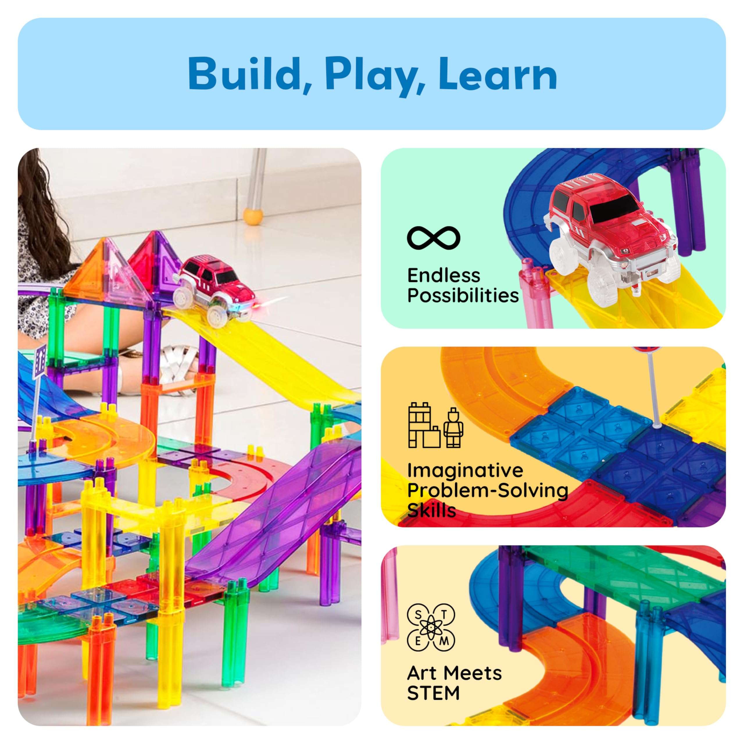 PicassoTiles magnetic tiles ready for multi-piece construction and STEM exploration.
