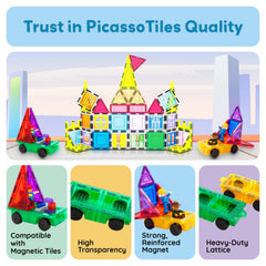 PicassoTiles magnetic tiles integrate with blocks for versatile storytelling and engineering play.