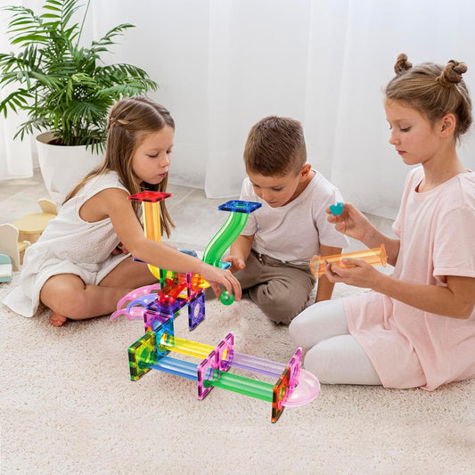 PicassoTiles marble run ramps and curves enable creative track design and fine motor practice.