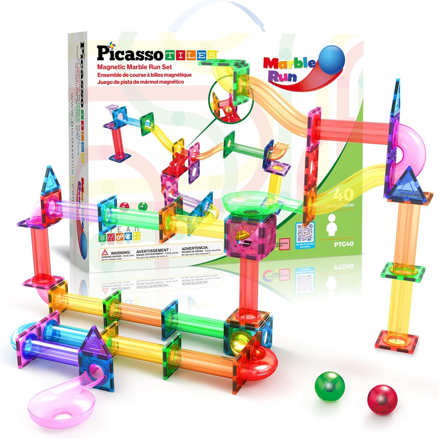 PicassoTiles marble run tower assembly demonstrates modular play and problem-solving.