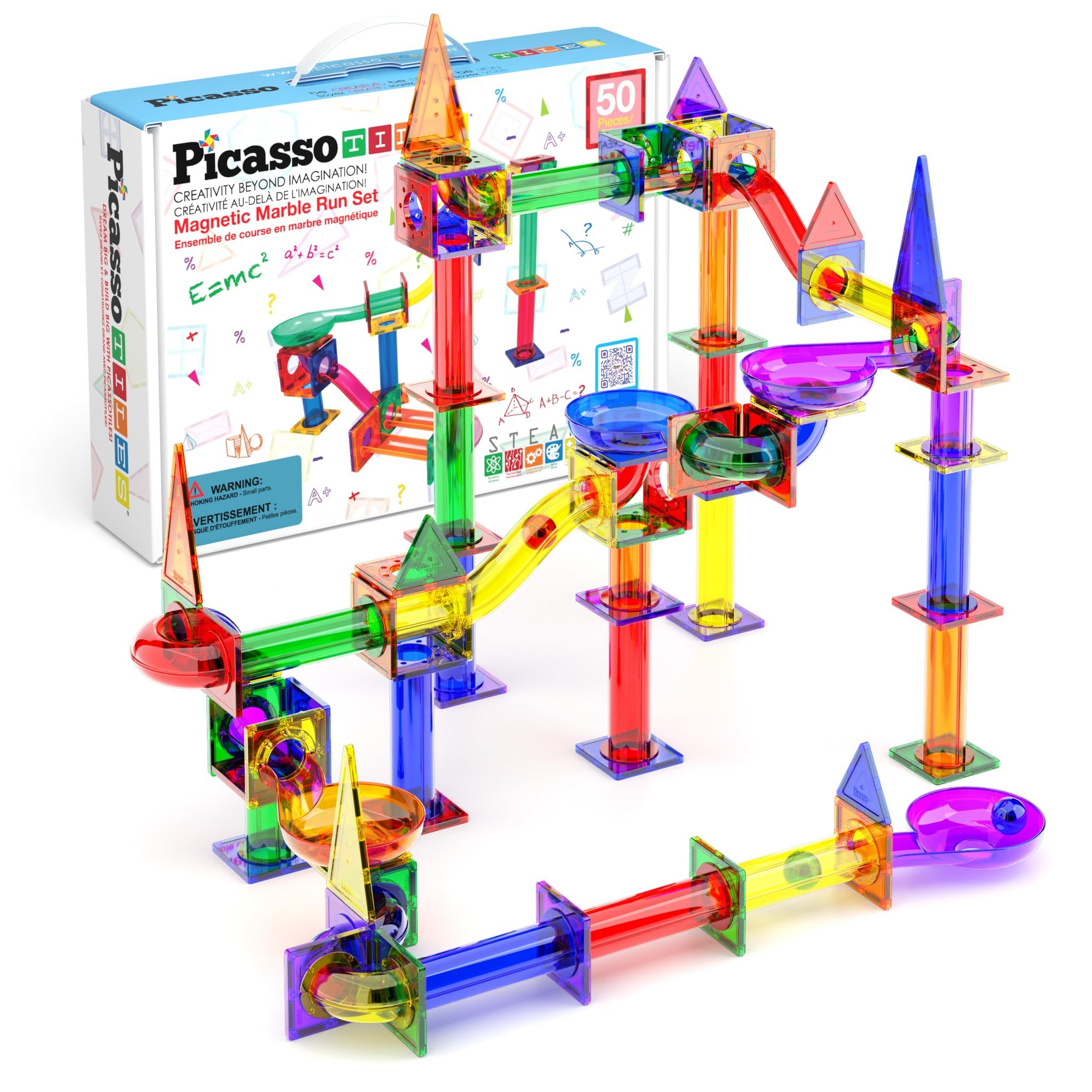 PicassoTiles marble run track assembly shows a colorful setup for kids