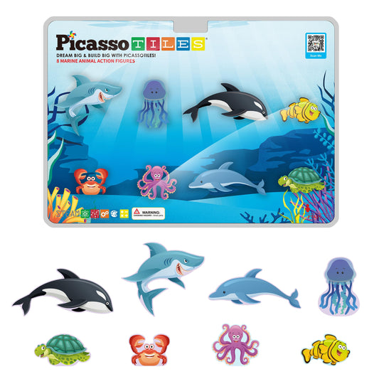 PicassoTiles marine orca figure for imaginative ocean play and magnetic tile compatibility.