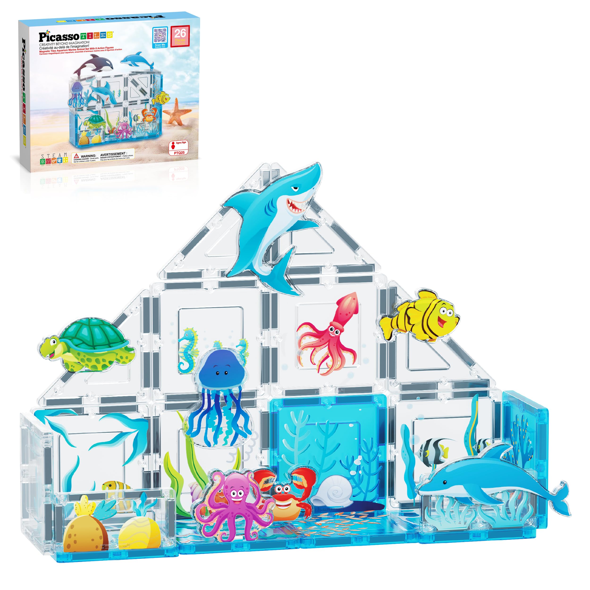 PicassoTiles Marine tiles set showing 26 pieces for ocean builds and play