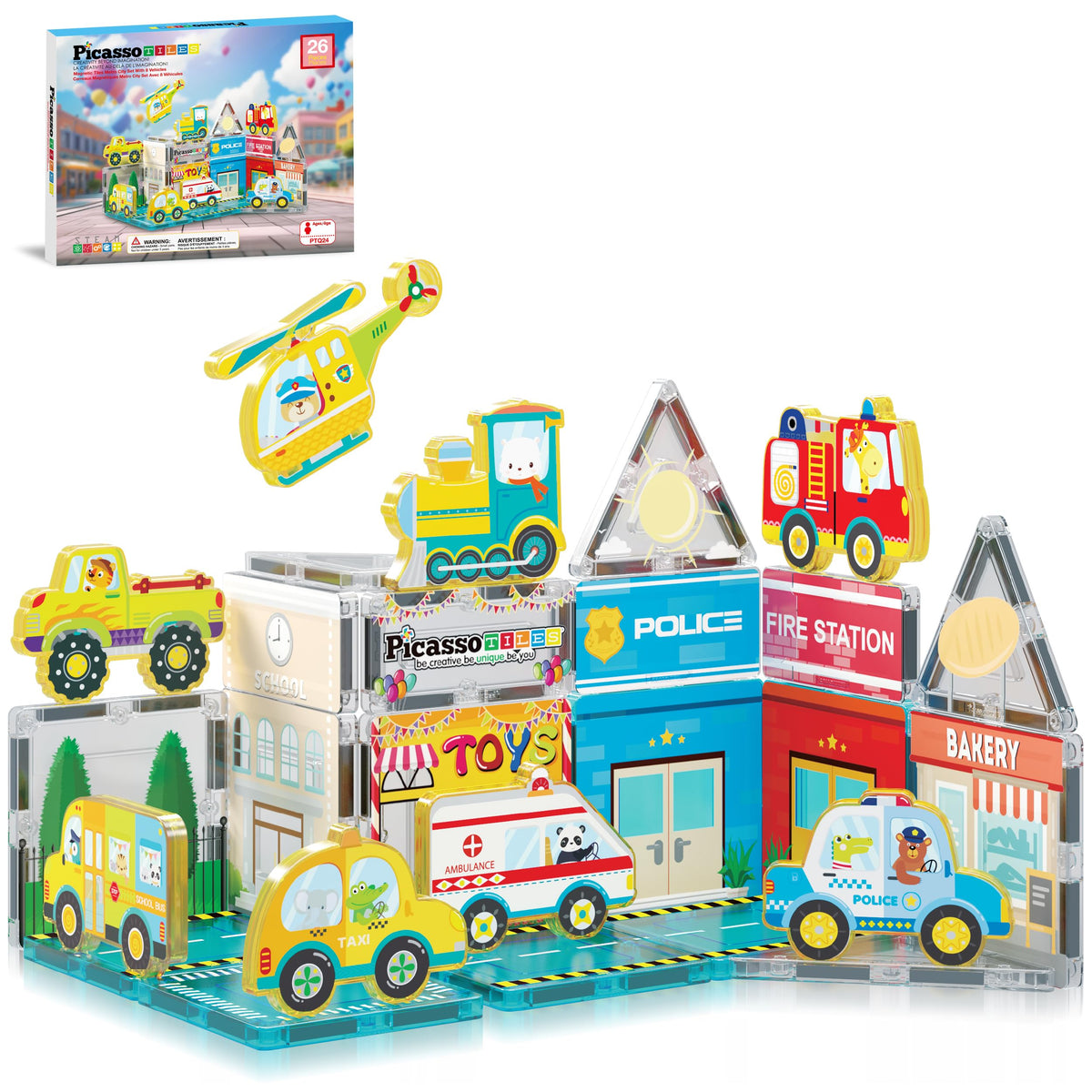PicassoTiles Metro City pieces for imaginative play and city-building fun.