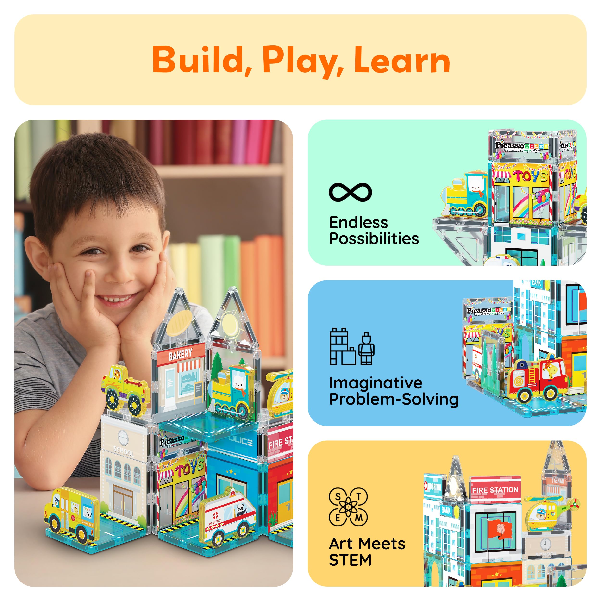 PicassoTiles printed magnet tiles support creative city layouts.