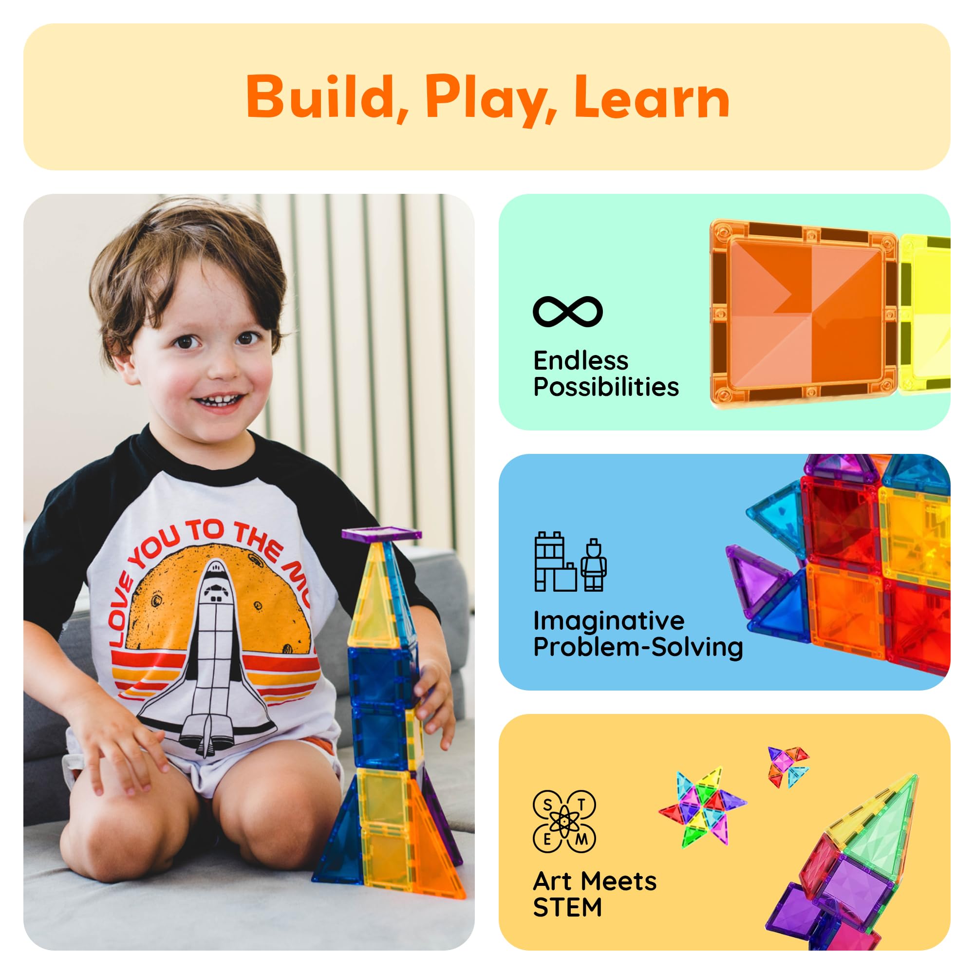 PicassoTiles PTM30 STEM-learning-play setup illustrates geometry, color recognition, and motor focus