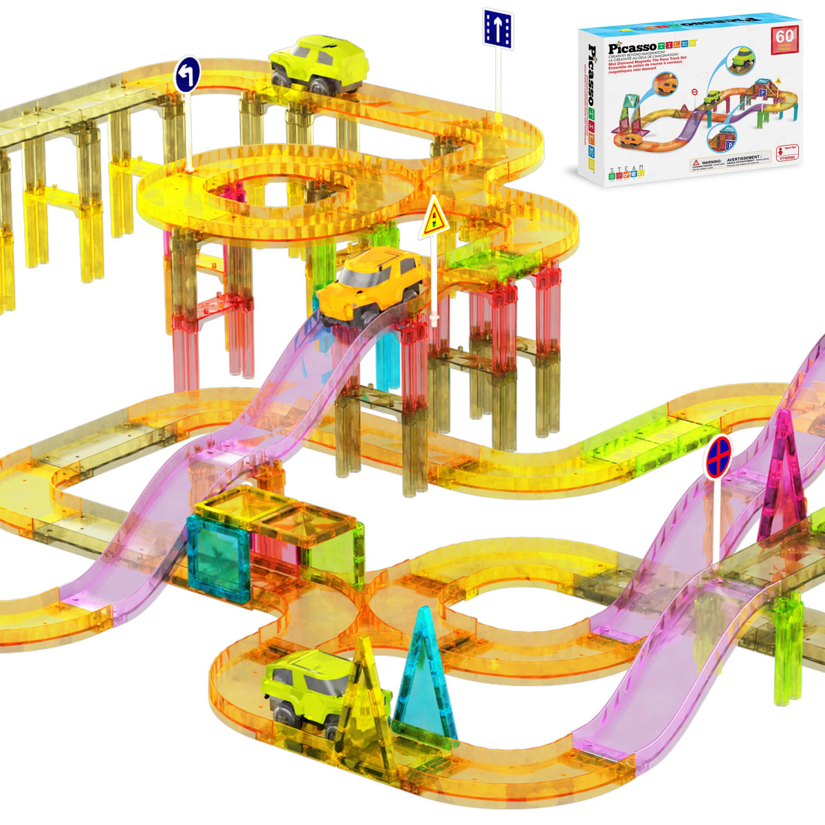PicassoTiles race track compact layout demonstrates portable STEM play for travel and classrooms.