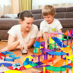 PicassoTiles race track height build highlights elevated marble paths.