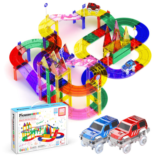PicassoTiles race track pieces enabling modular, creative engineering play.