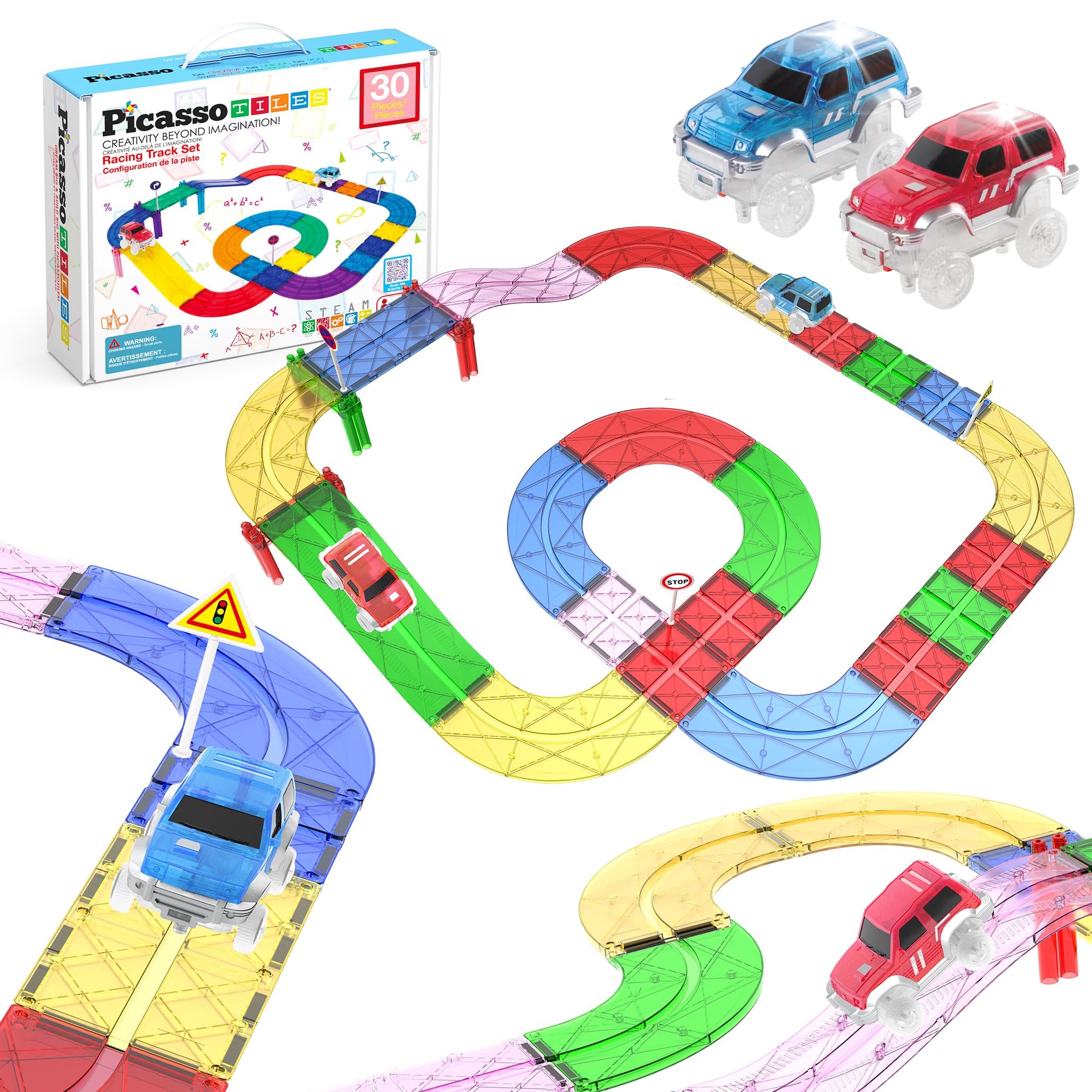 PicassoTiles race track set for inventive building and multi layer layouts
