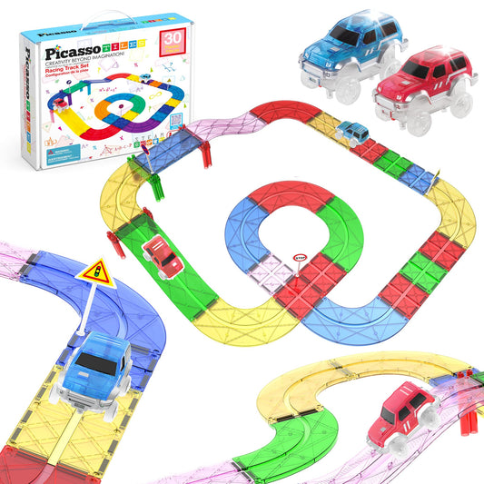 PicassoTiles race track set for inventive building and multi layer layouts