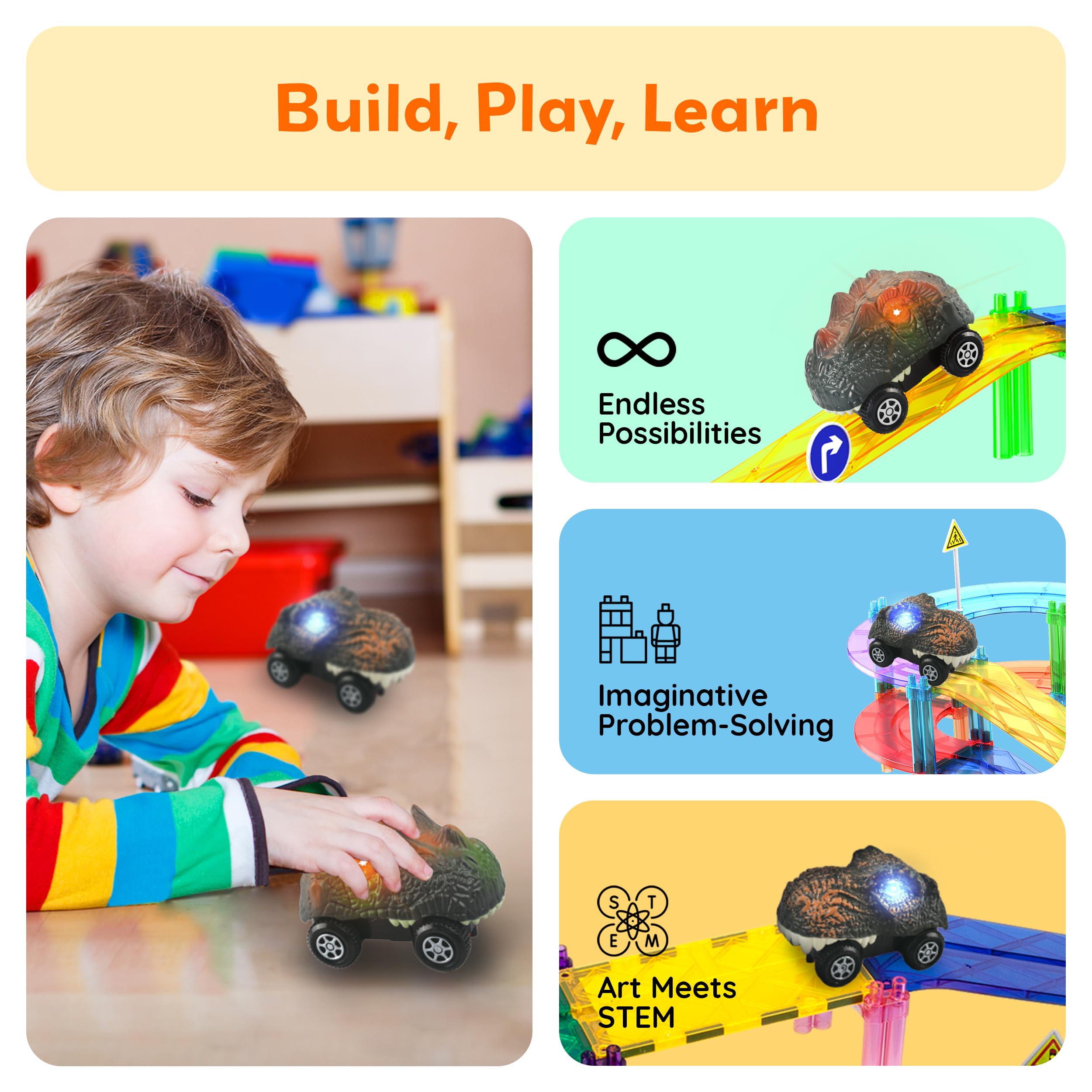 PicassoTiles race track signs—city-style signs enhance pretend play and traffic awareness.