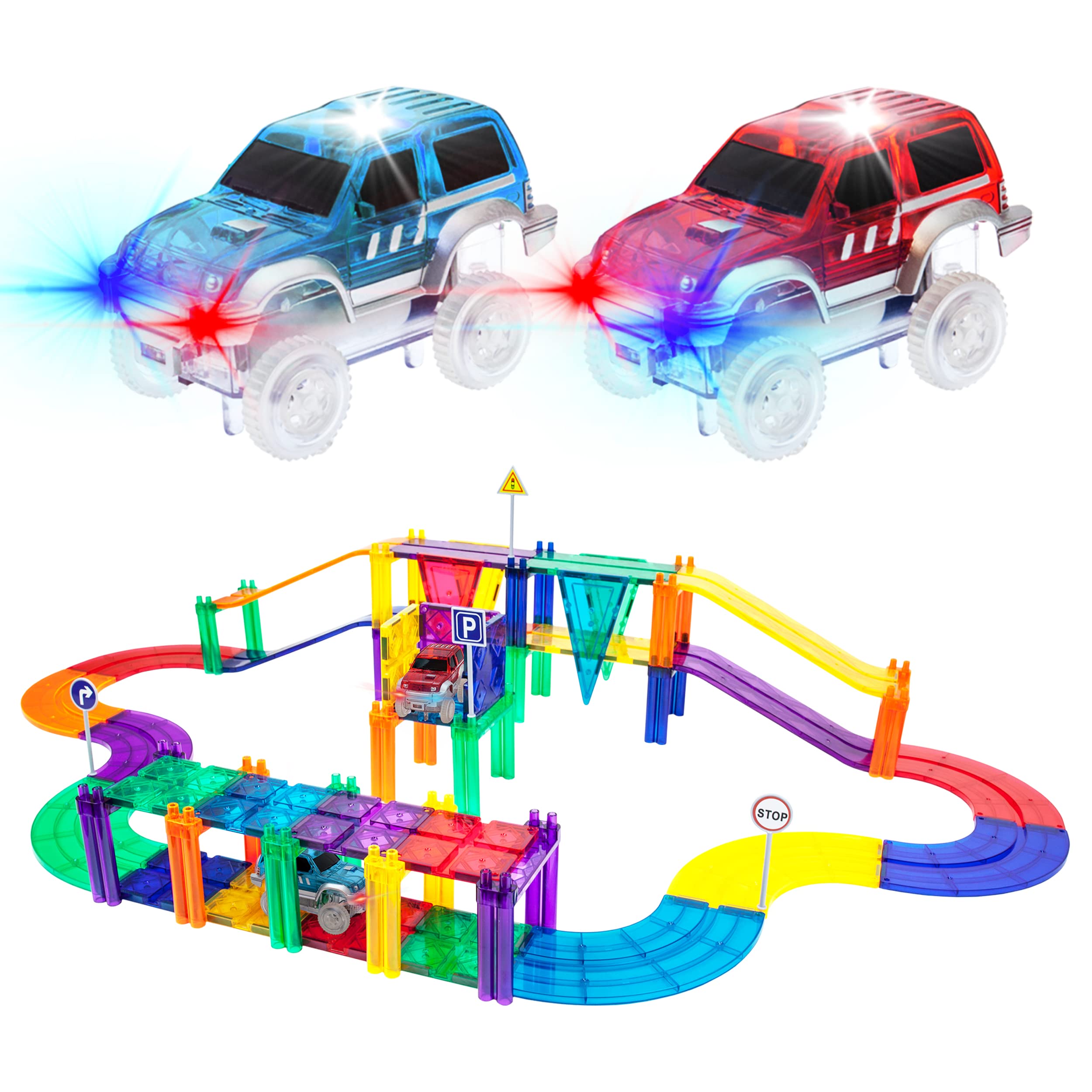 PicassoTiles racecar track tiles for creative magnetic layouts.