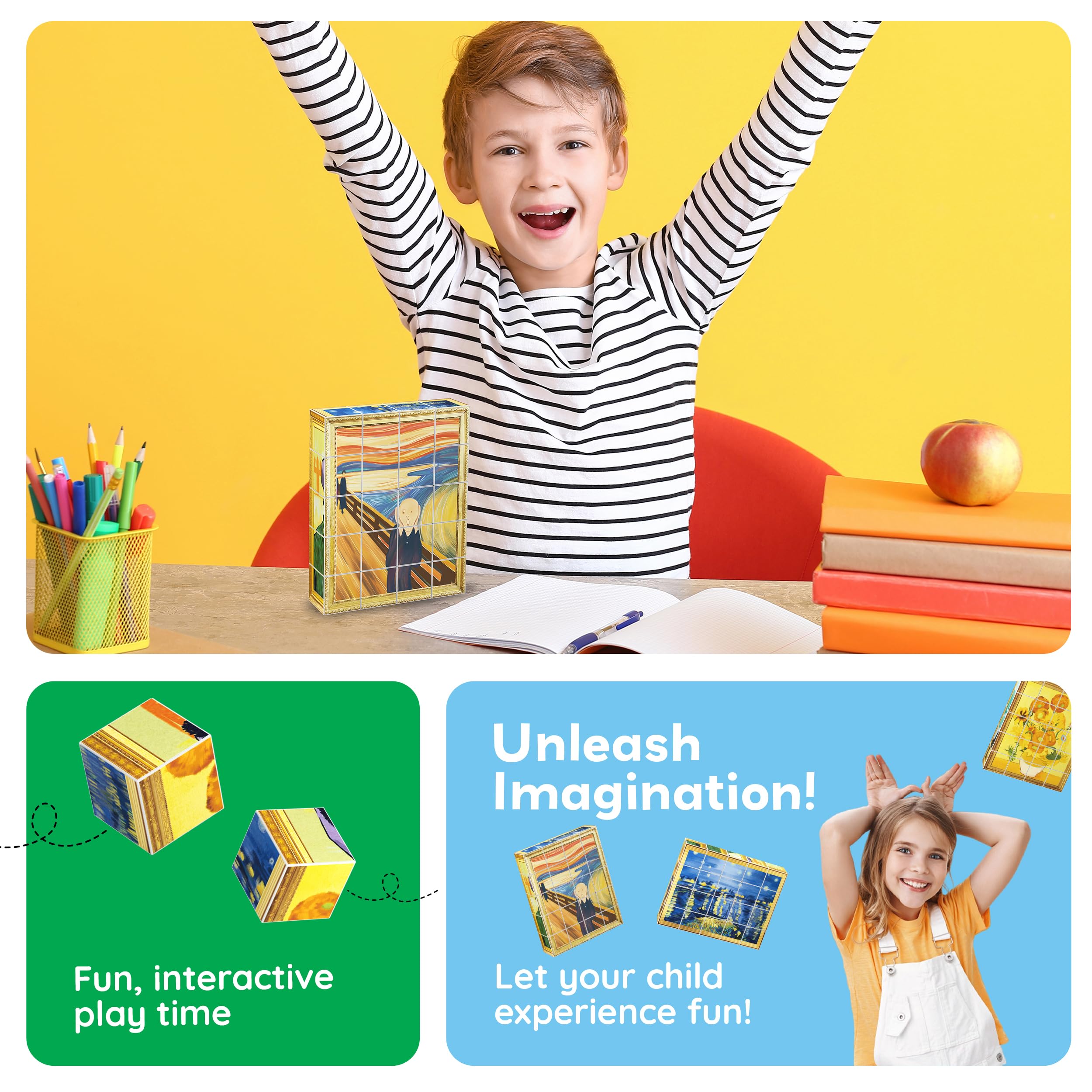PicassoTiles reference cards guide kids through six paintings.
