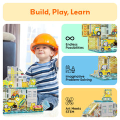 PicassoTiles road roller enabling road-building play and organized site layouts