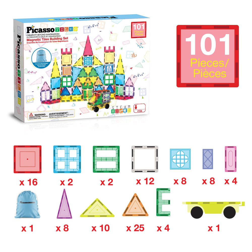 PicassoTiles rolling car base adds interactive movement for dynamic city-building.
