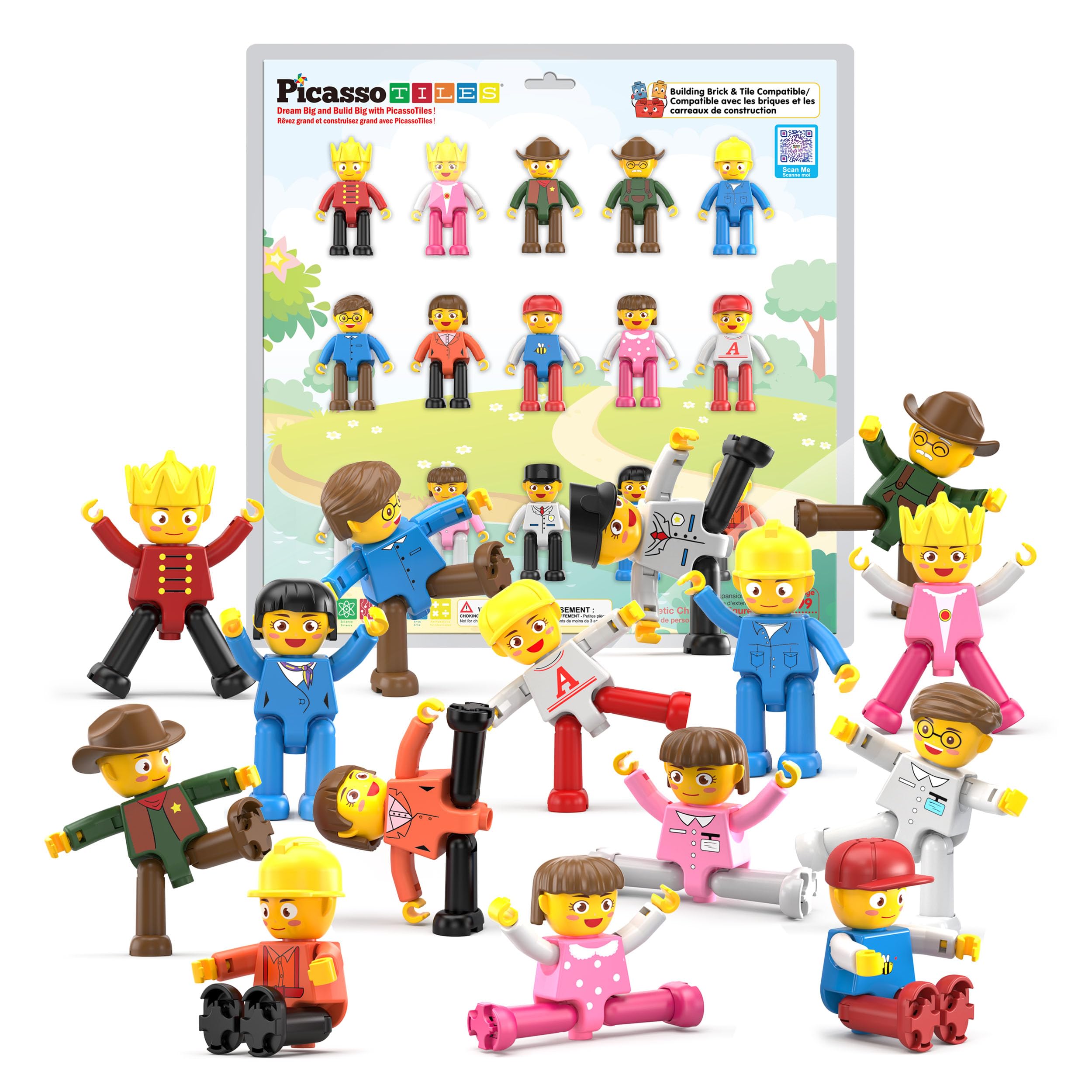 PicassoTiles rotatable characters shown in action to enable imaginative play.