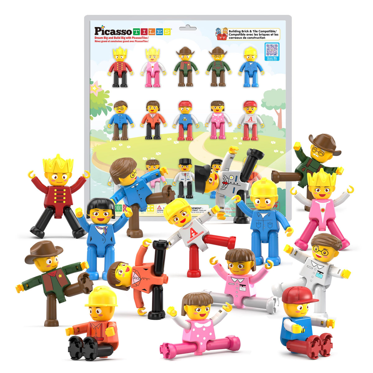 PicassoTiles rotatable characters shown in action to enable imaginative play.